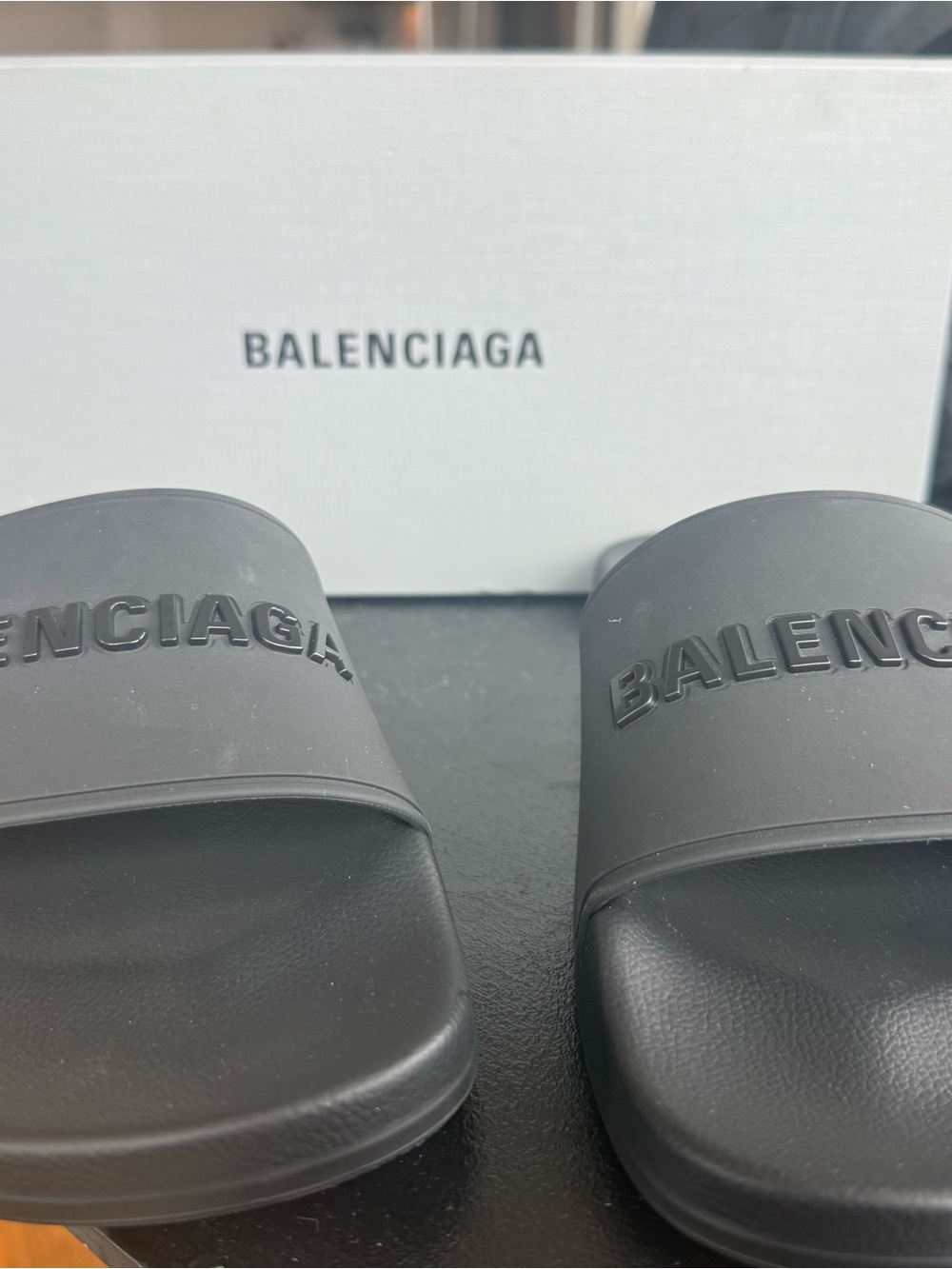 Balenciaga Matte Black Embossed Logo Slides